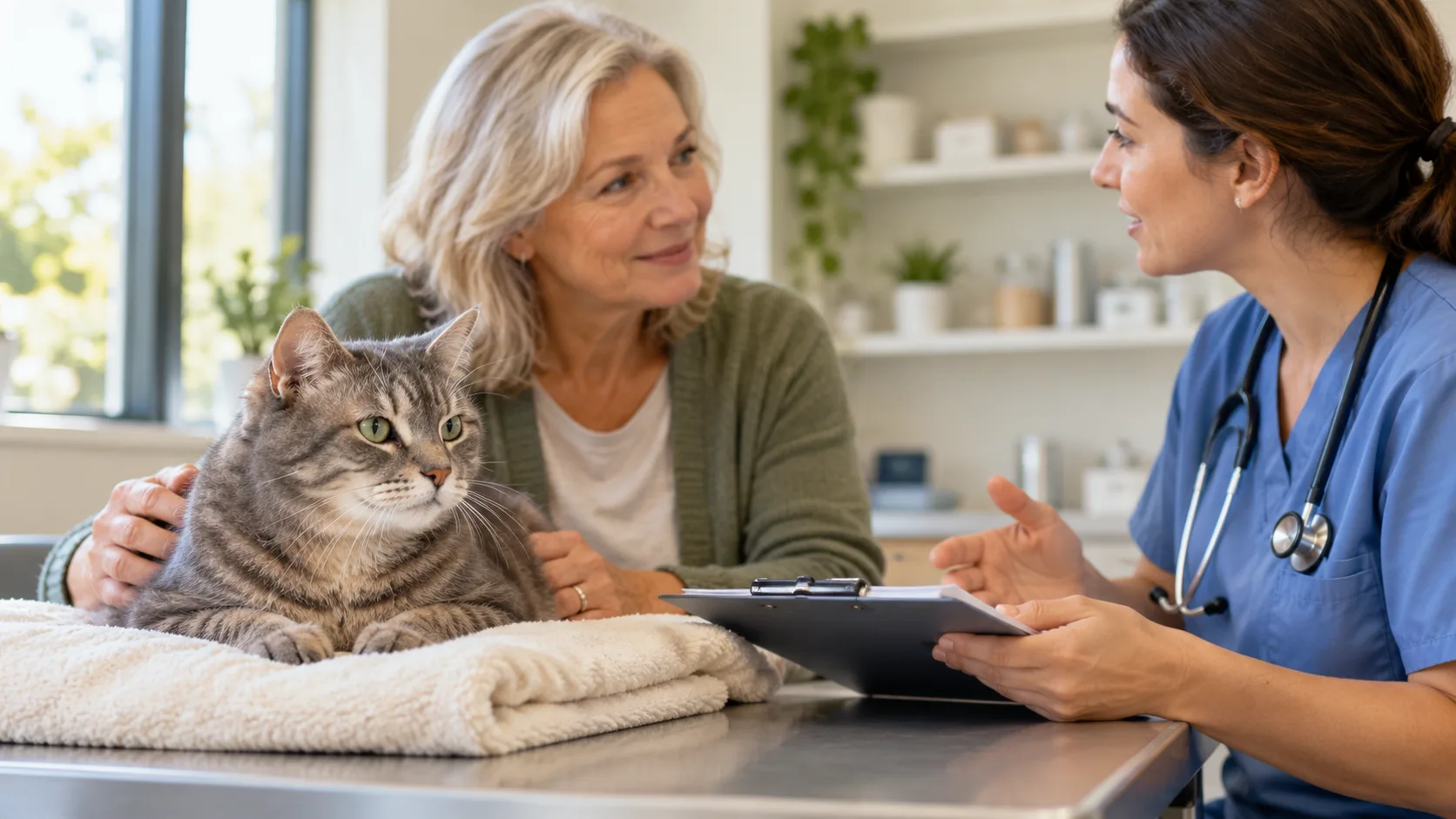 Veterinarian discussing a cat’s care with an owner